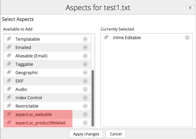 Manage aspects UI action with custom aspects