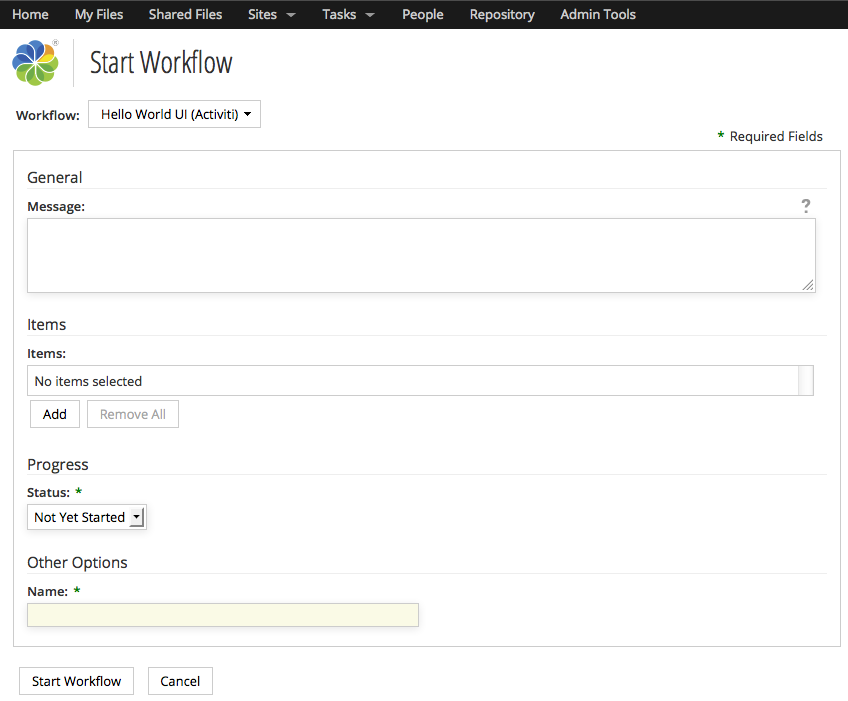 Hello World UI: Start workflow form
