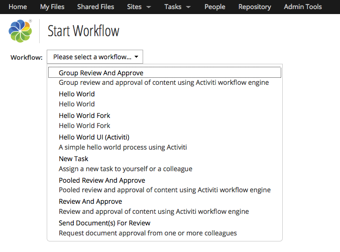 Share workflow list shows custom workflows